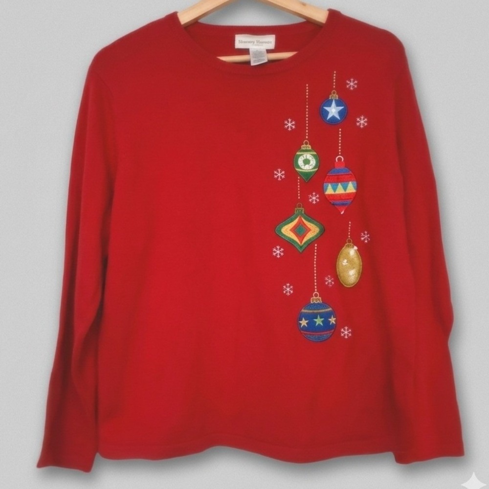 Drapers & Damons Red Christmas Ornament Embroidered Top Festive Holiday Whimsy L